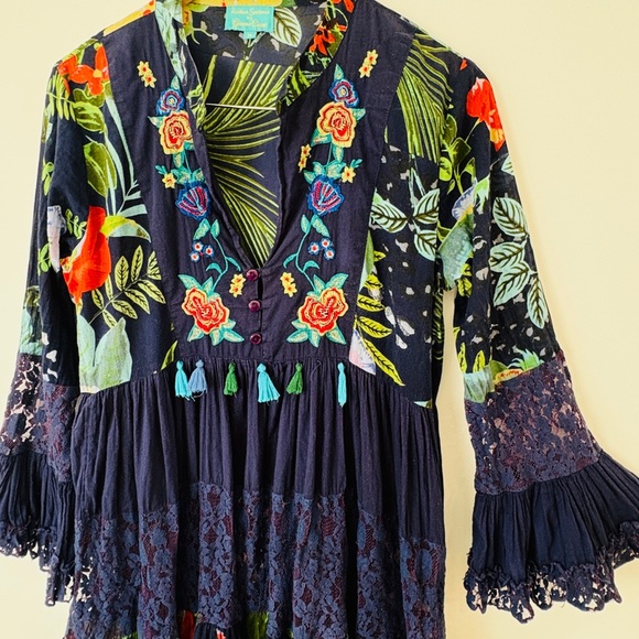 Antica Sartoria Floral Embroidered Boho Tassel Lace Tiered Babydoll Dress Sz M - Picture 5 of 11